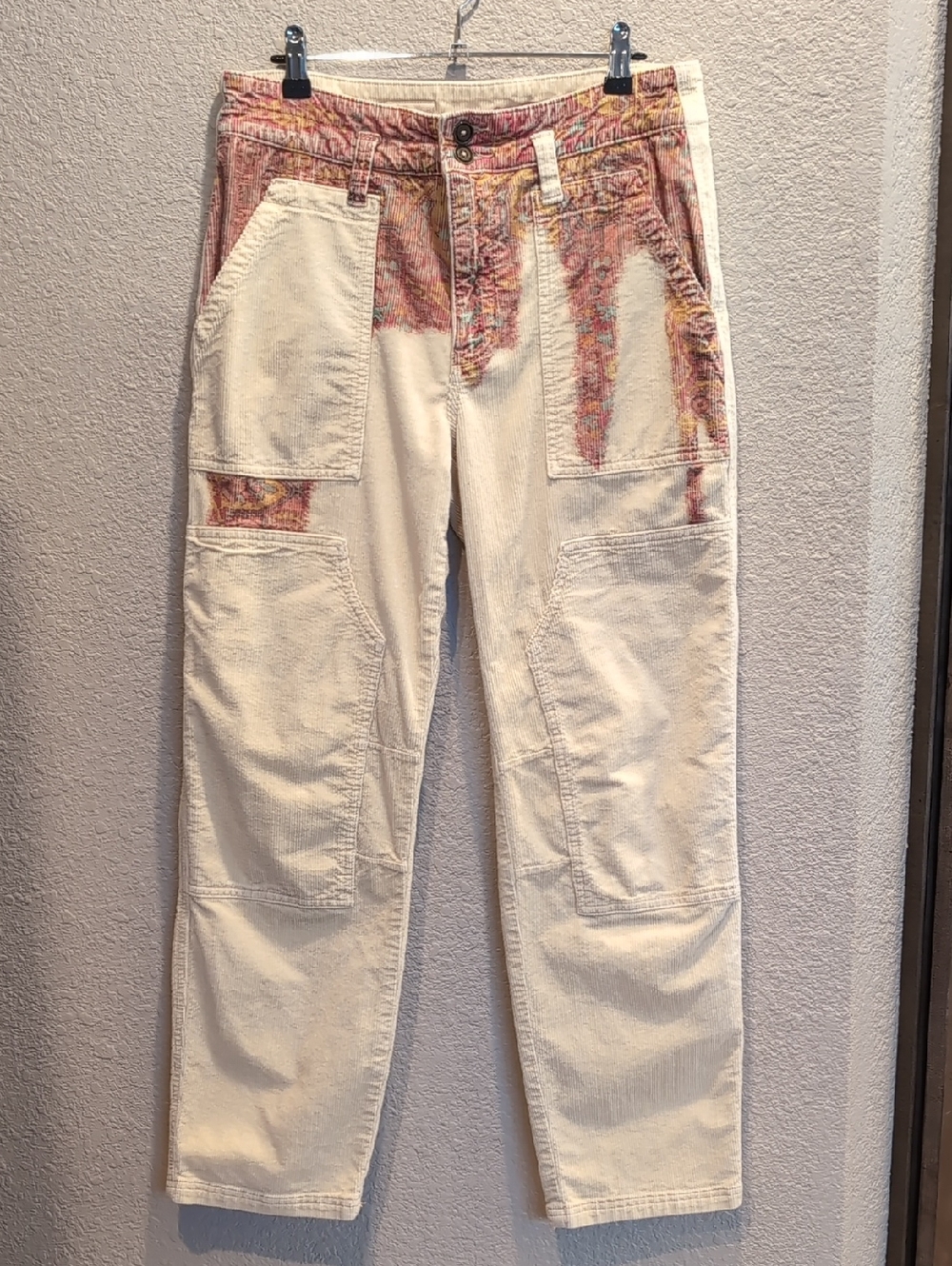 Pilcro. Cream Corduroy Utility Pants with Pink Tie-Dye Accent